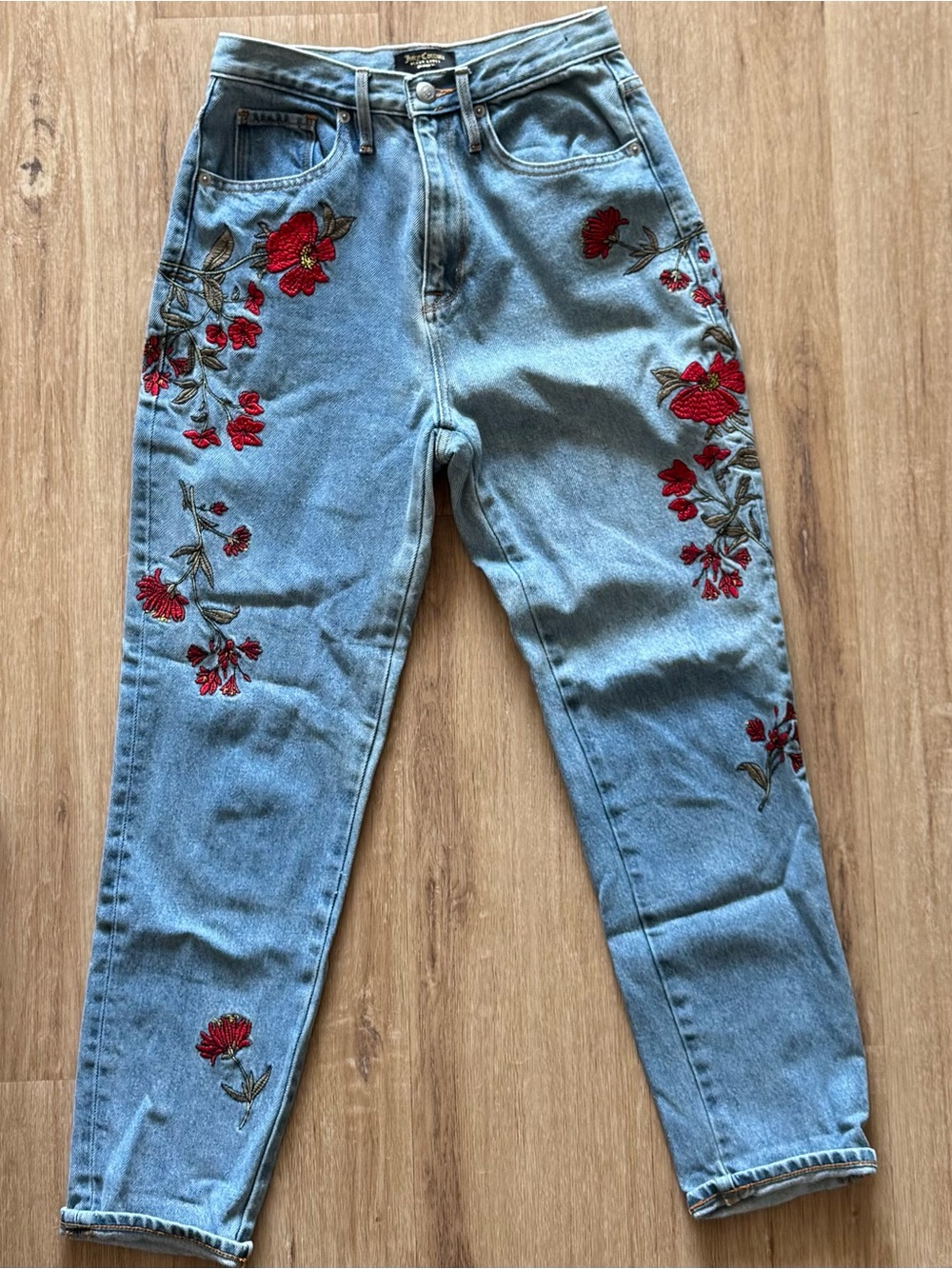 Juicy Couture Light Blue High-Rise Jeans with Red Floral Embroidery